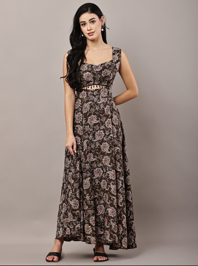 Women's Brown Paisley Print Fit and Flare Extra Flared Maxi Dress